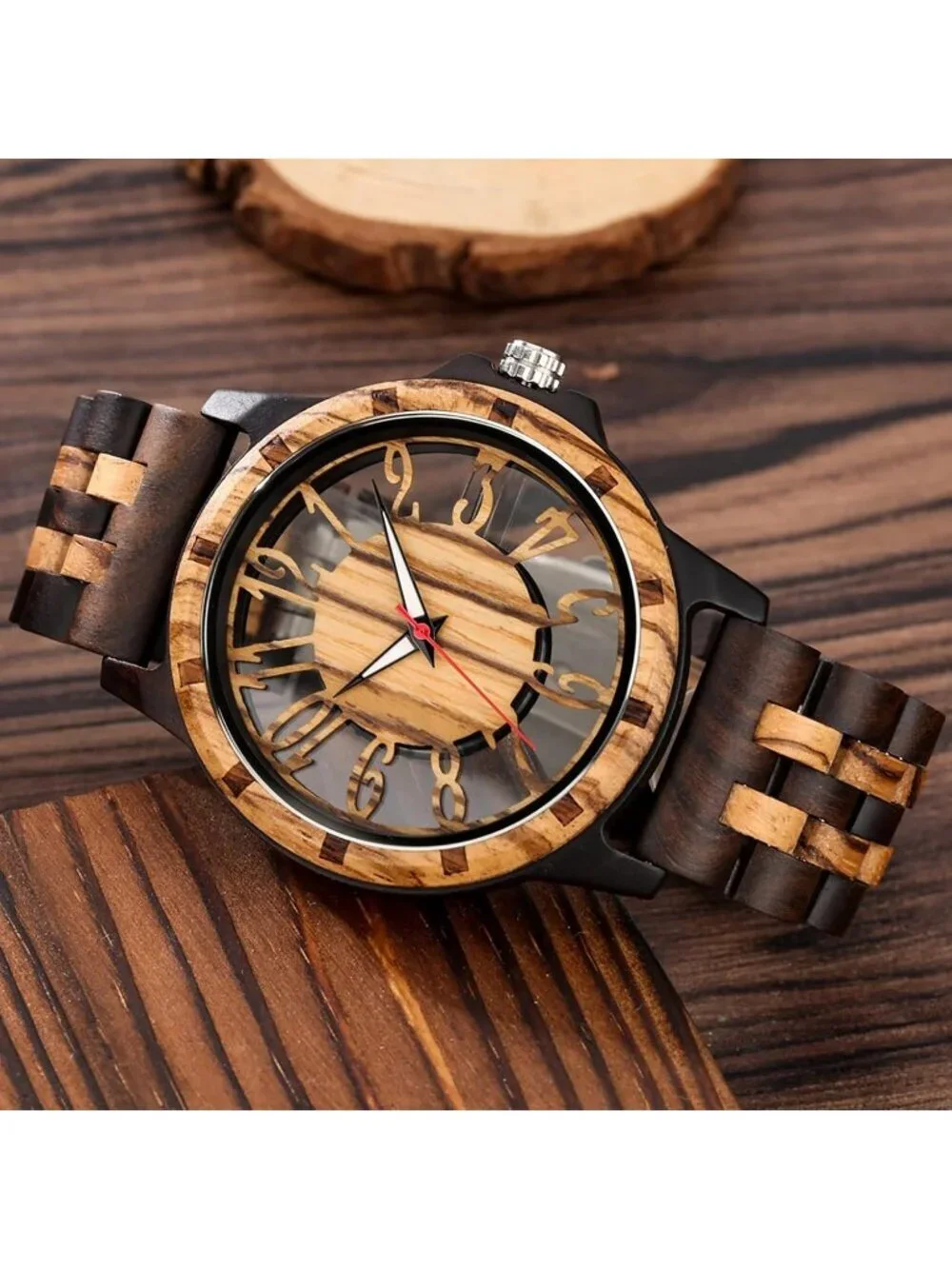 Mens Dark Brown Quartz Ebony Zebra Fold over Clasp Wood Strap Round Wooden Watch